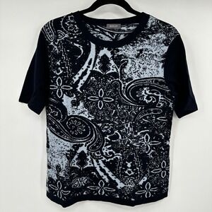 Basler Blue Paisley Jacquard Knit Short Sleeve Crew Neck Top Sz 38 Mod European